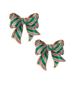 Christmas Bow Earrings - Green & Pink Stripes