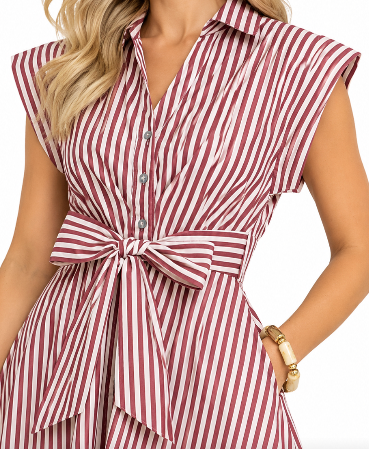 Emily - Striped Midi Dress (Maroon)