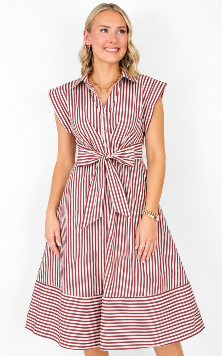 Emily - Striped Midi Dress (Maroon)