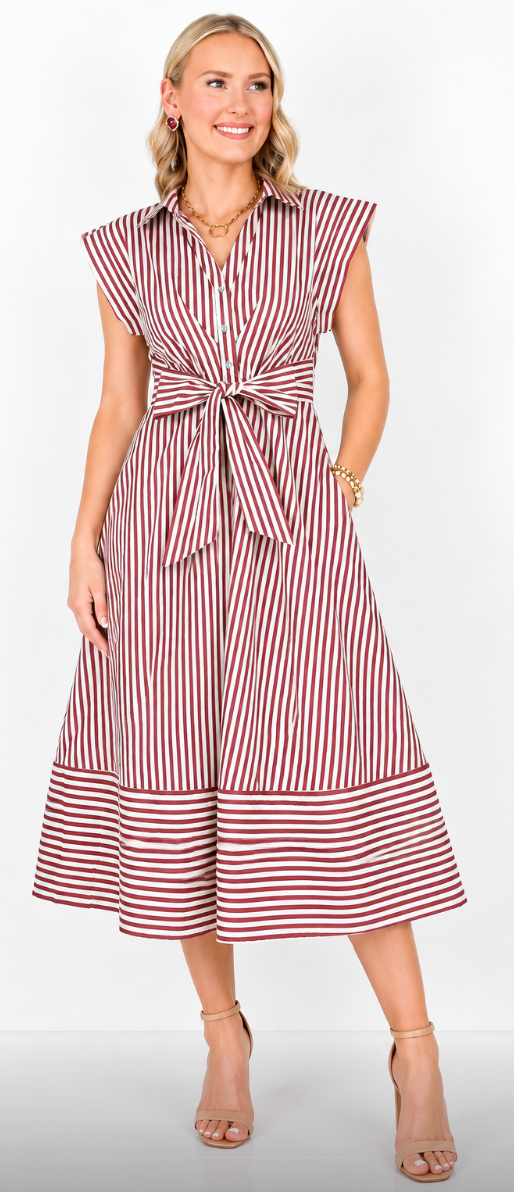 Emily - Striped Midi Dress (Maroon)