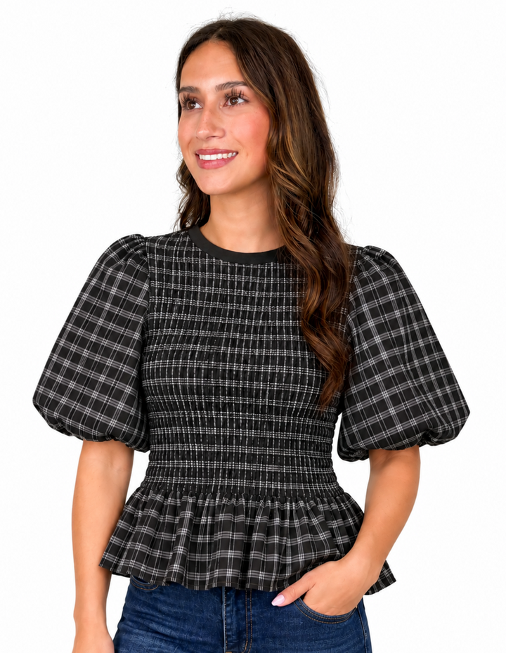 Lorelei - Plaid Smocked Peplum (Black)