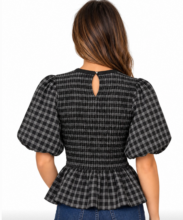 Lorelei - Plaid Smocked Peplum (Black)