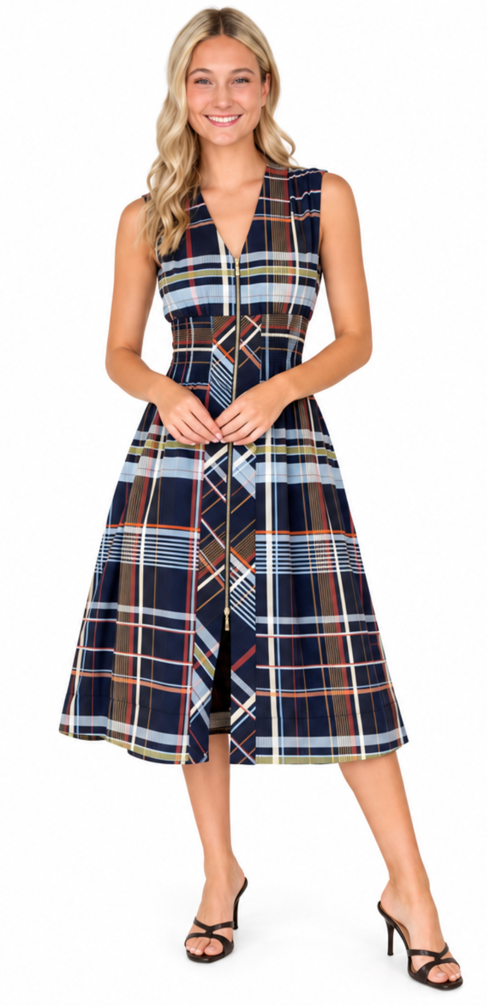 Petra - Plaid Zipper Front Midi Dress