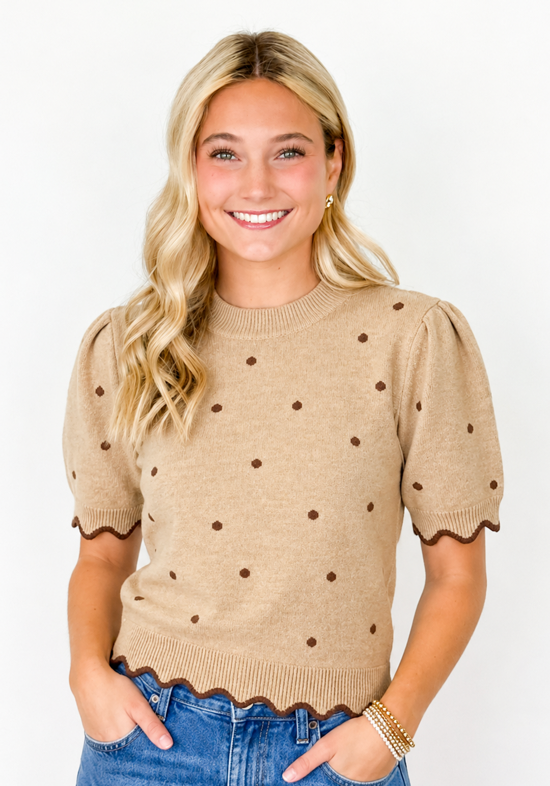 Lila - Scalloped Polka Dot Sweater (Taupe)