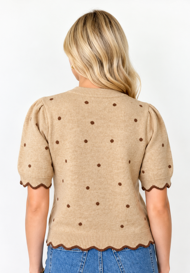 Lila - Scalloped Polka Dot Sweater (Taupe)