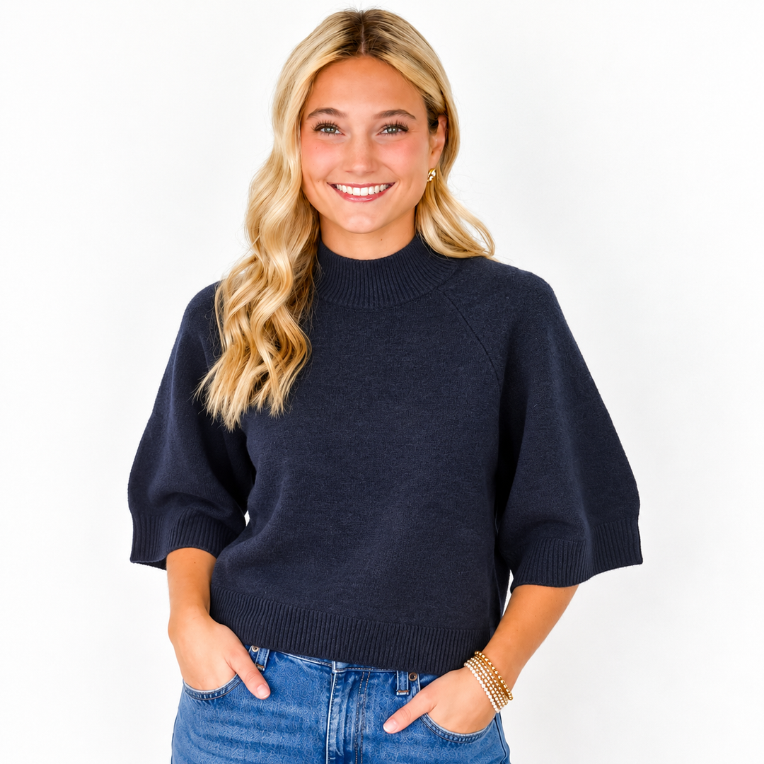 Laura - Mock Neck Boxy Sweater (Navy)