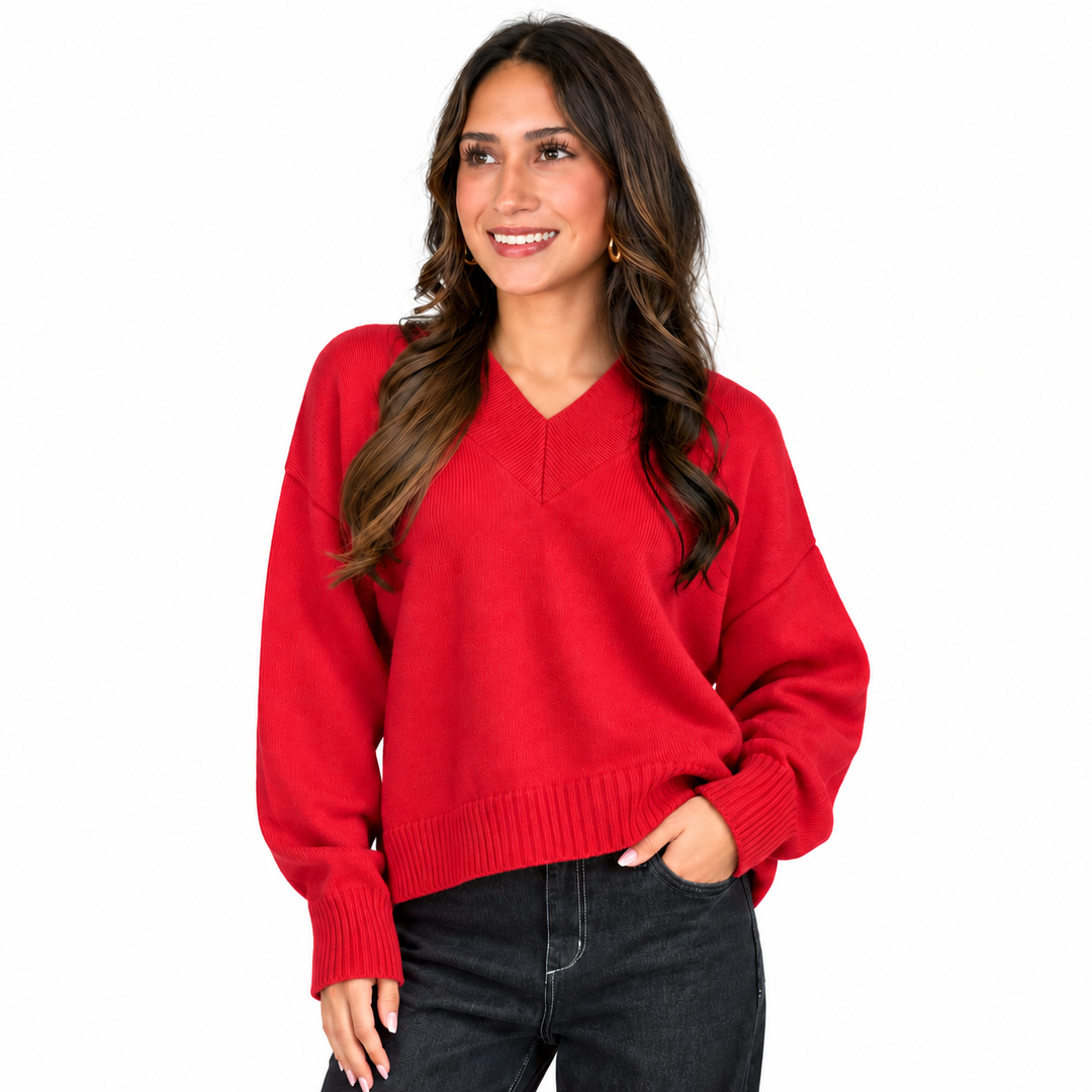 Phoebe - V Neck Knit Sweater (Red)