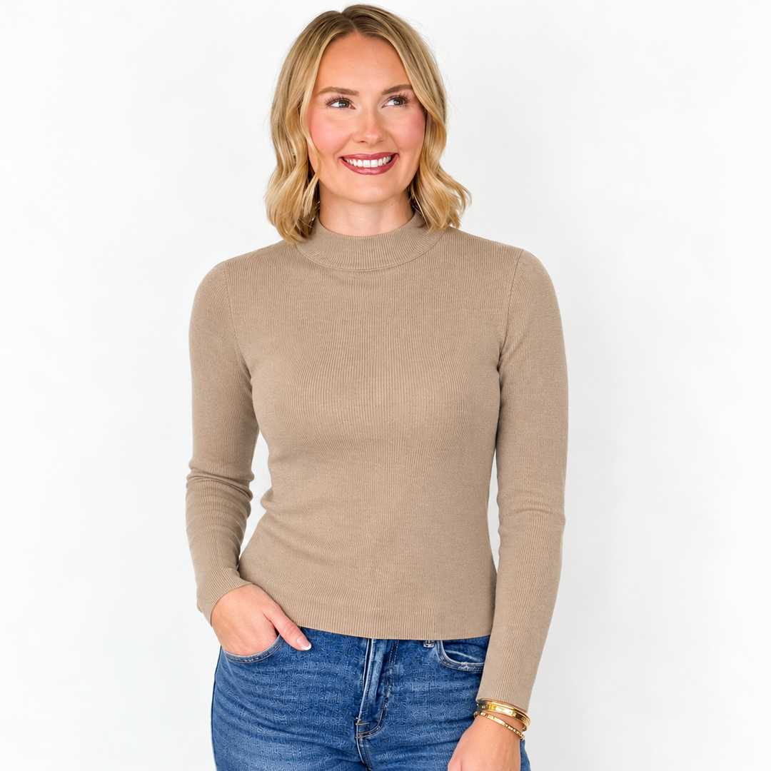 Sherri - Mock Neck Knit Sweater (Taupe)