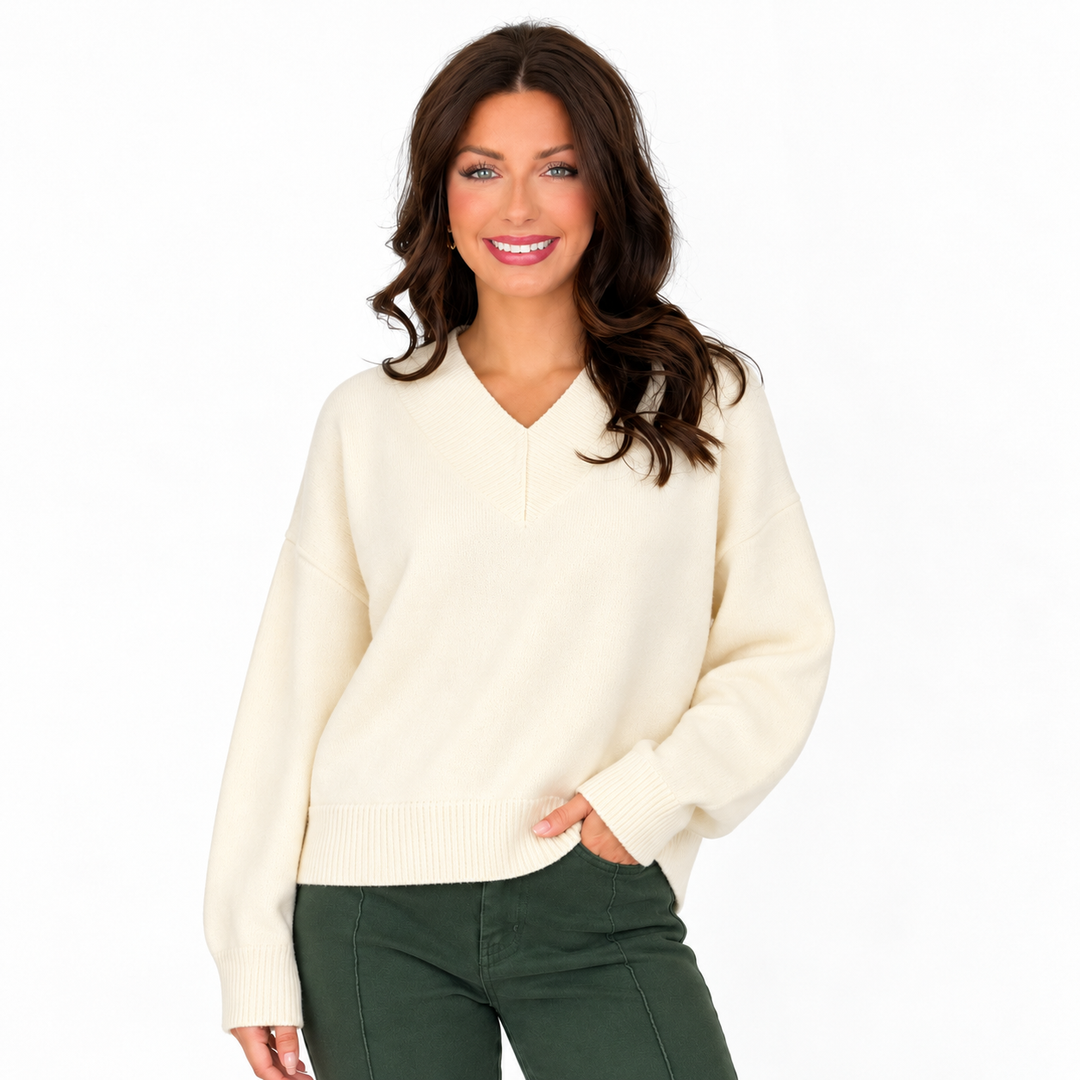 Phoebe - V Neck Knit Sweater (Cream)