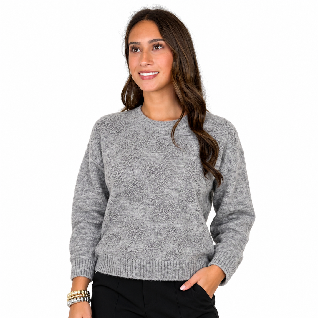 Kandice - Grey Embroidered Floral Knit Sweater