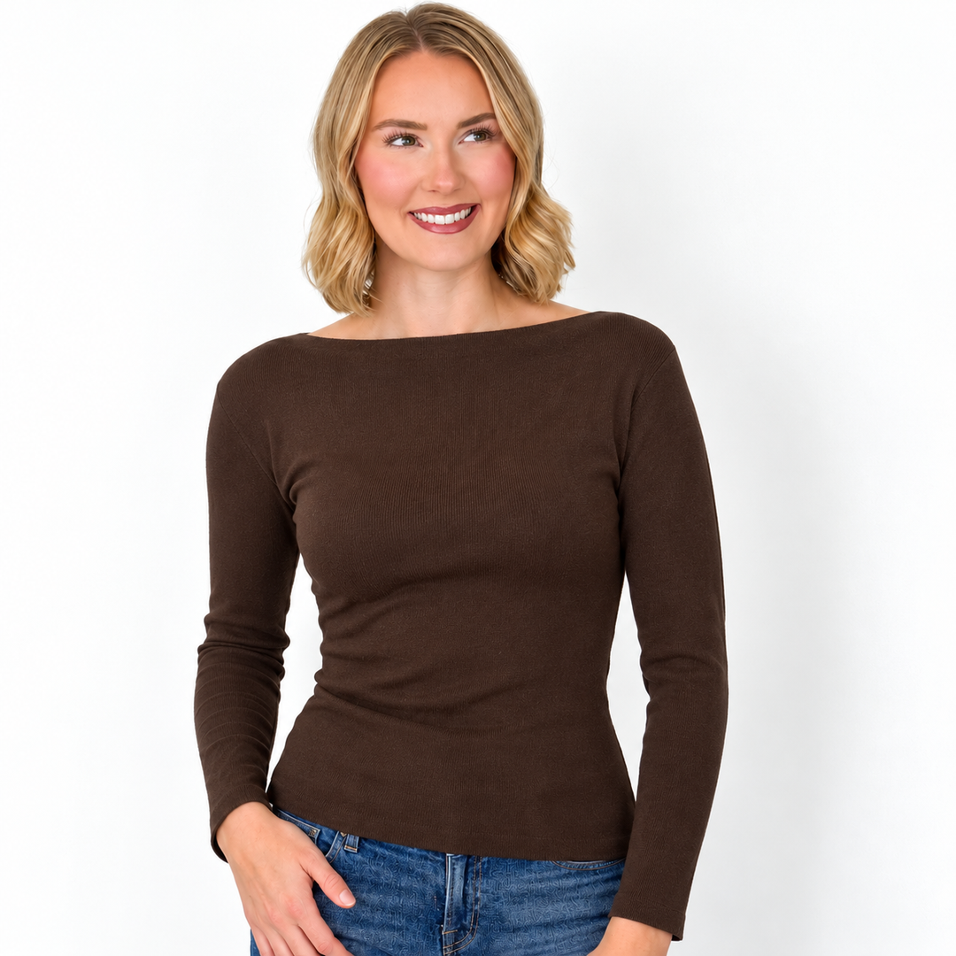 Alice - Boat Neck Knit Sweater (Brown)