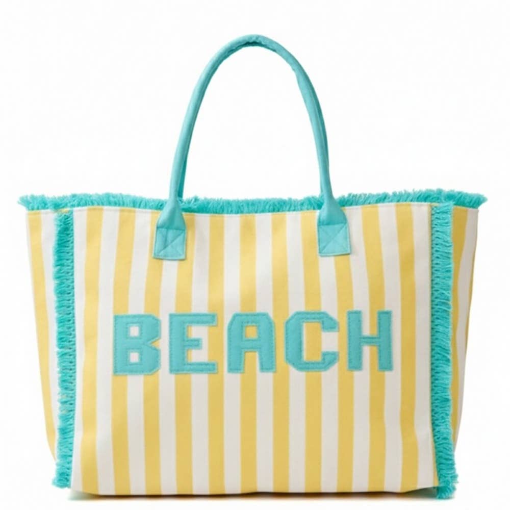 Beach Print Striped Tote Bag