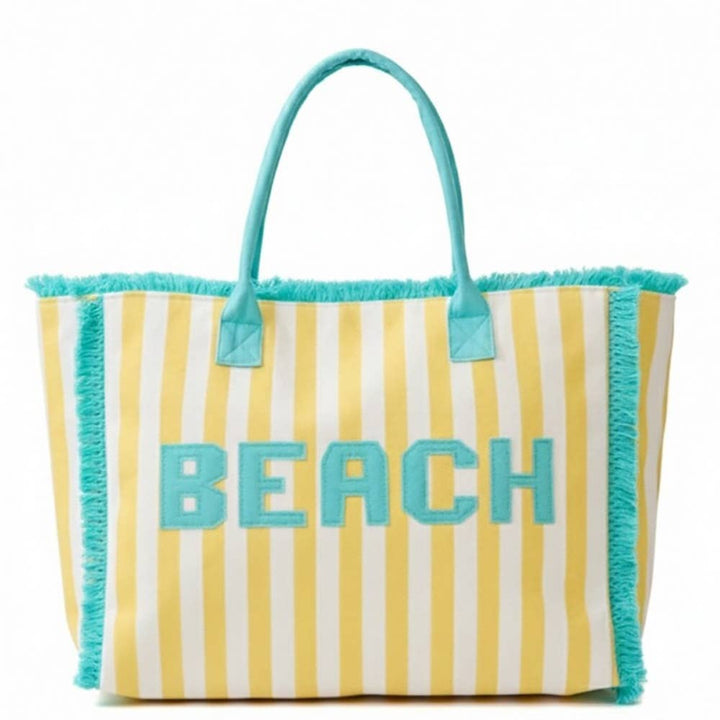 Beach Print Striped Tote Bag