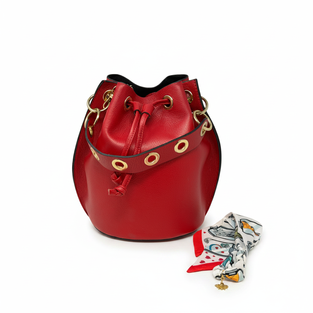 Genuine Italian Leather Big Bucket Bag (Red)