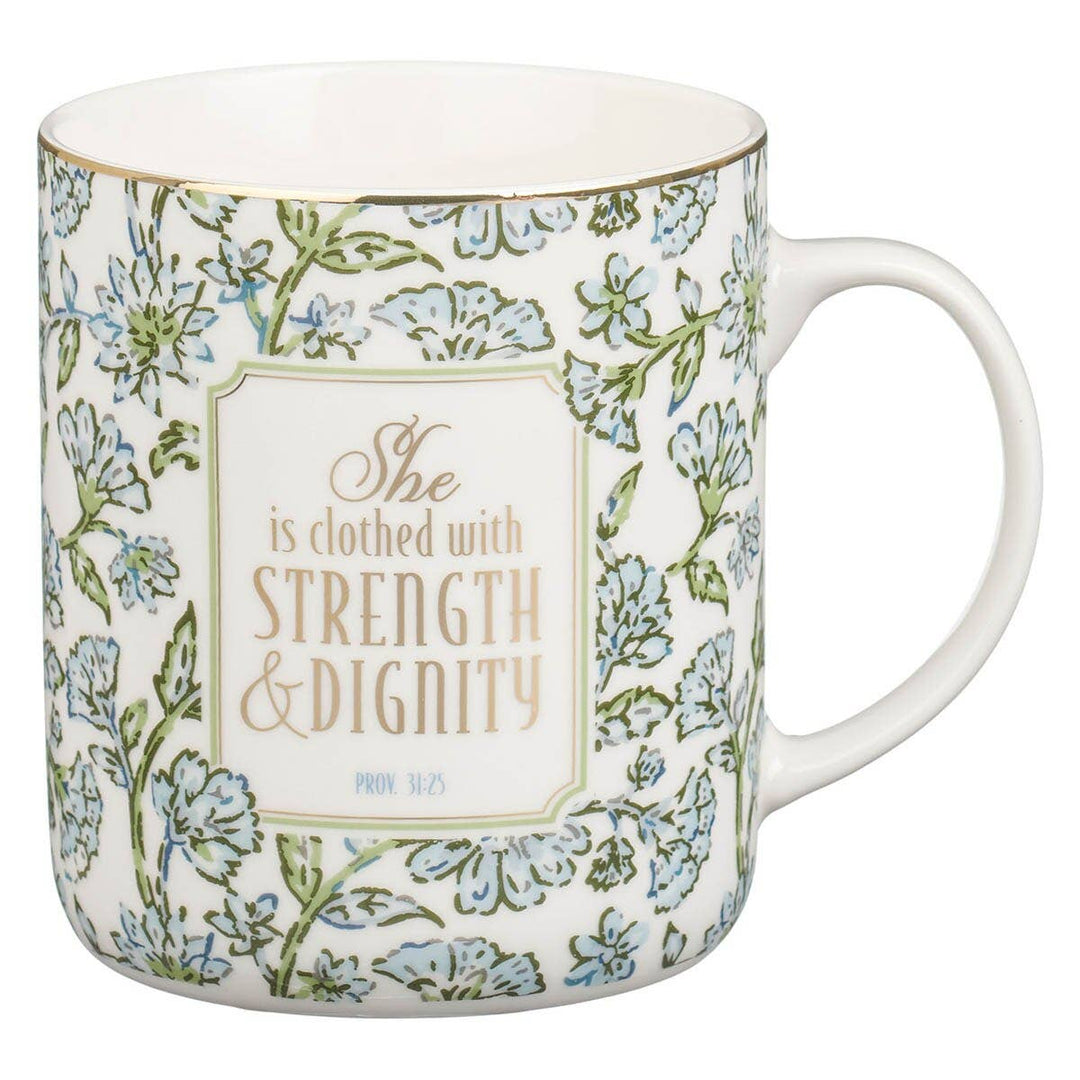 Blue Floral Mug Strength And Dignity Prov. 31:25