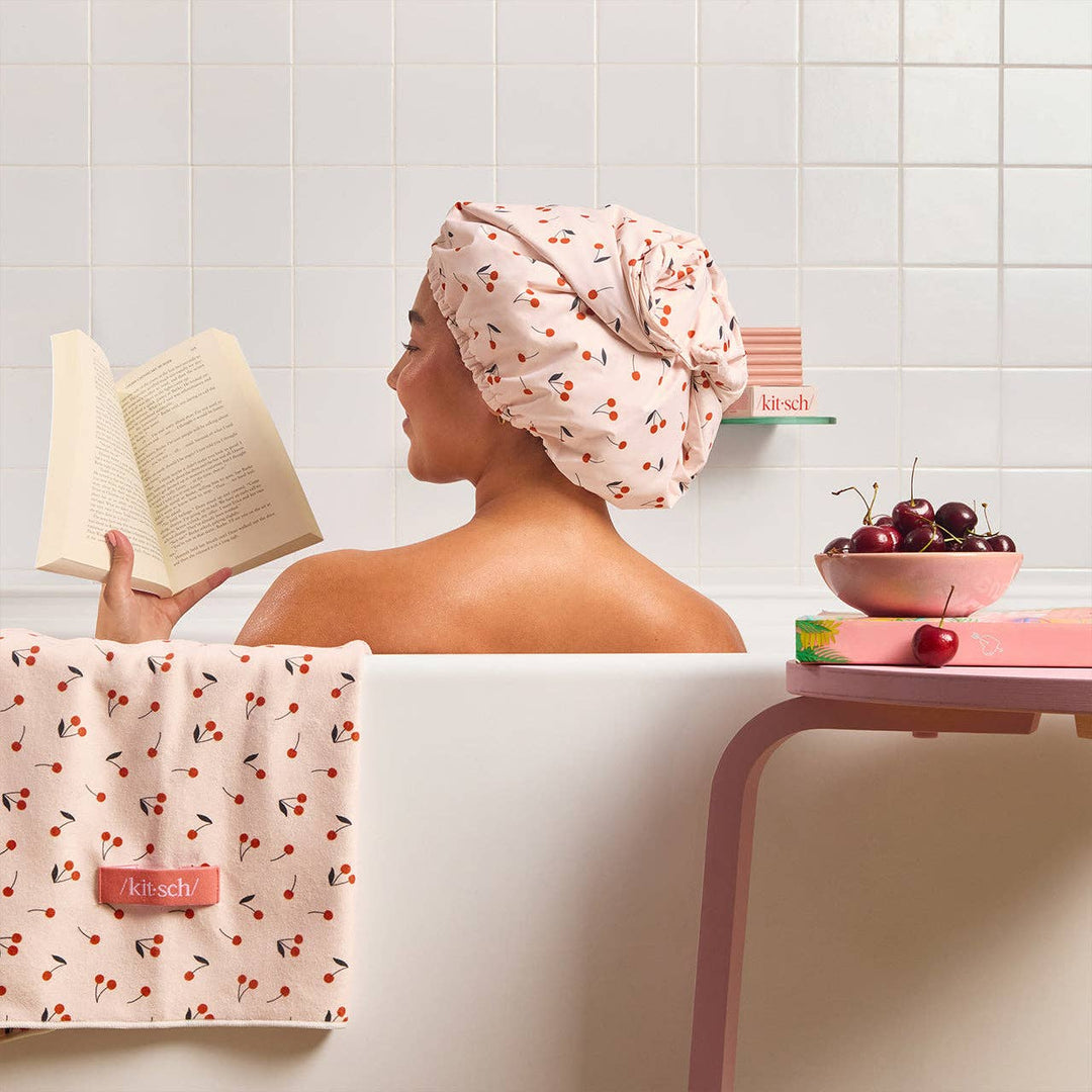 Kitsch - Satin-Lined Flexi Shower Cap - Cherry Print