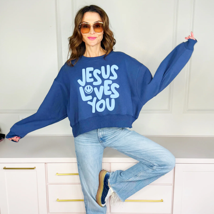 Pine & Poppy - Smiley Jesus Loves You Puff Crop Sweatshirt