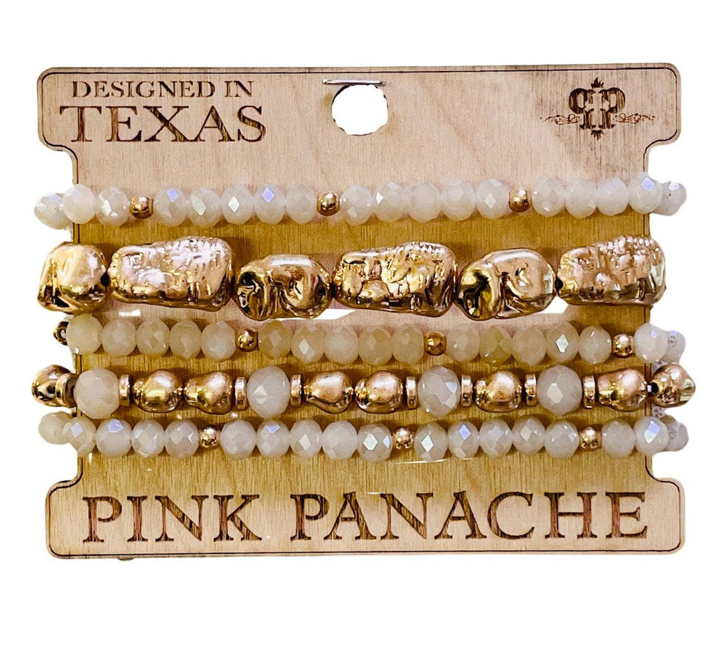 Pink Panache - Beige & Gold Beaded Nugget Bracelet Set of 5