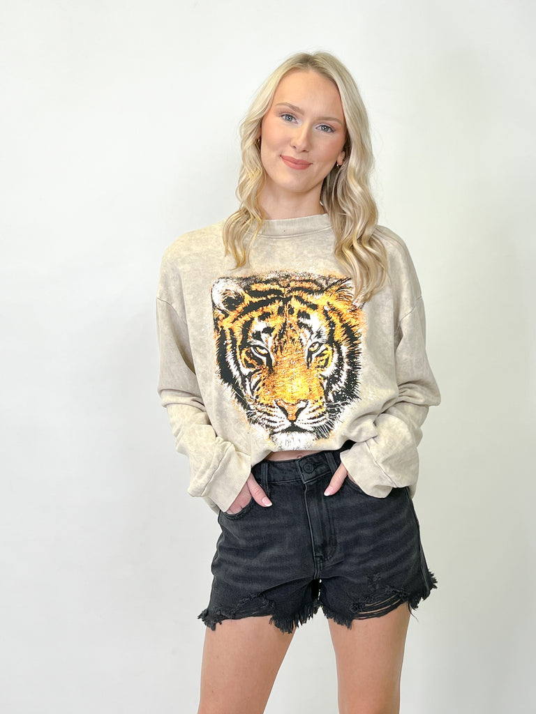 Roxanne - Acid Washed Tiger Graphic Sweatshirt