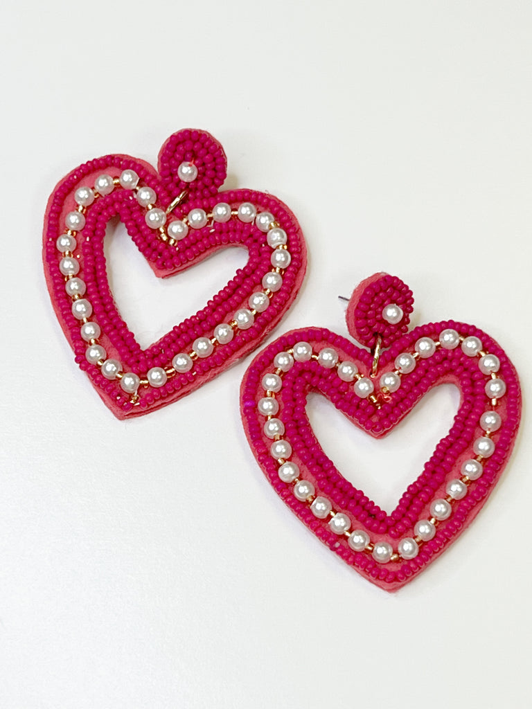 Tara - Pink Beaded & Pearl Heart Earrings