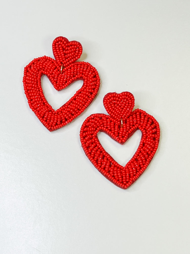 Bailey - Red Beaded Heart Earrings