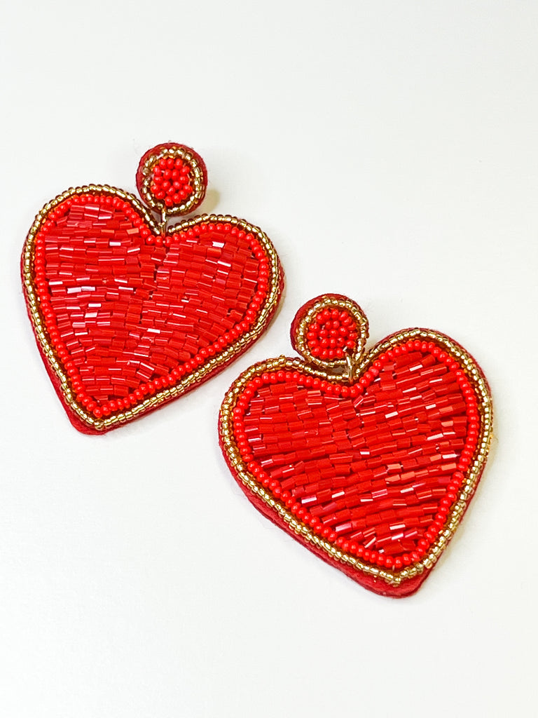 Lisa - Red & Gold Beaded Heart Earrings