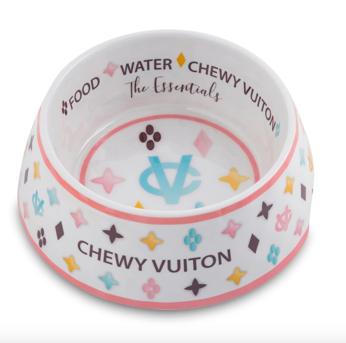 White Chewy Vuiton Dog Bowl