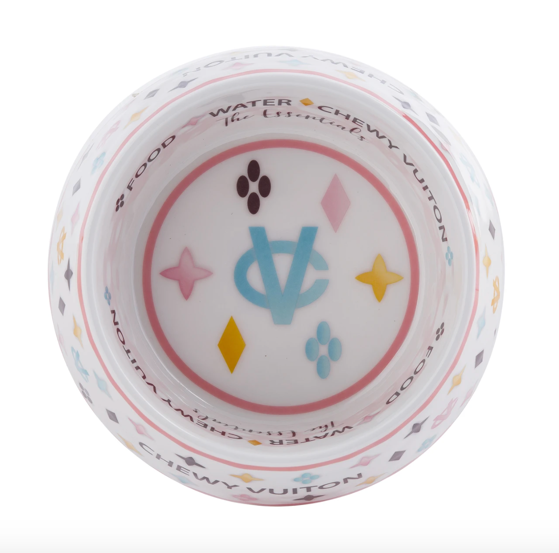 White Chewy Vuiton Dog Bowl