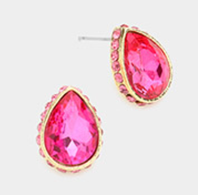 Miley - Rhinestone Teardrop Stud Earrings (Hot Pink)