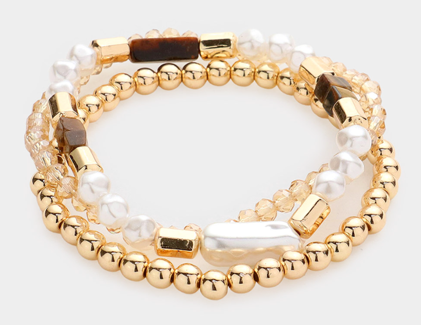 Meran - Pearl Beaded Stretch Bracelet Set (Brown)