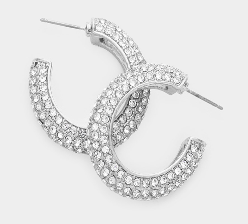 Remi - Rhinestone Oval Hoop Earrings (Silver)
