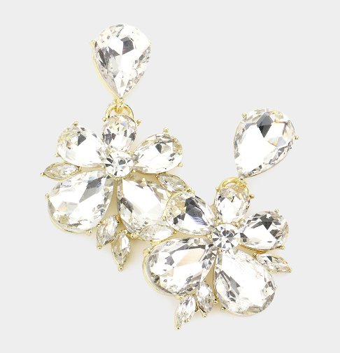 Romi - Flower Dangle Crystal Earrings (Gold Clear)