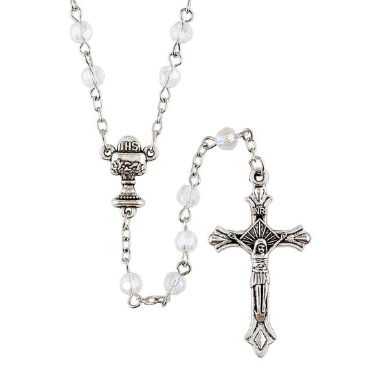 First Communion - Black and White Glass Rosary