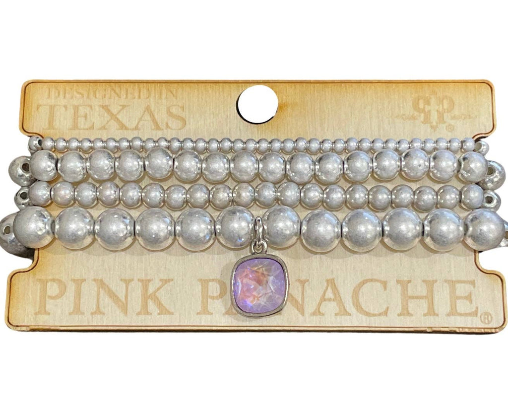 Pink Panache - Brushed Silver Bracelet Set With Lavender Rhinestone Cushion Cut Drop